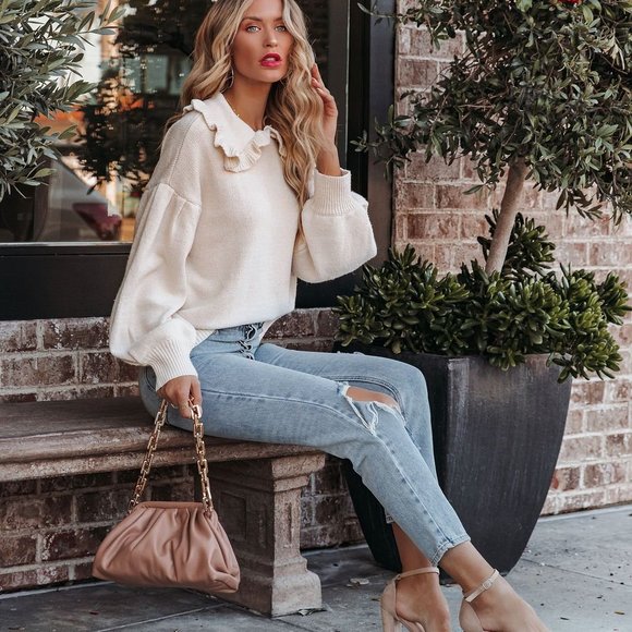 LAST ONE -LENNA RUFFLE COLLAR KNIT SWEATER - IVORY - Picture 9 of 10